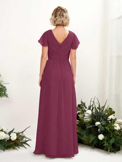 Carlyna Tolly A-Line Chianti Bridesmaid Dress Maxi Cap Sleeve V-Neck Dress Back View #color_chianti