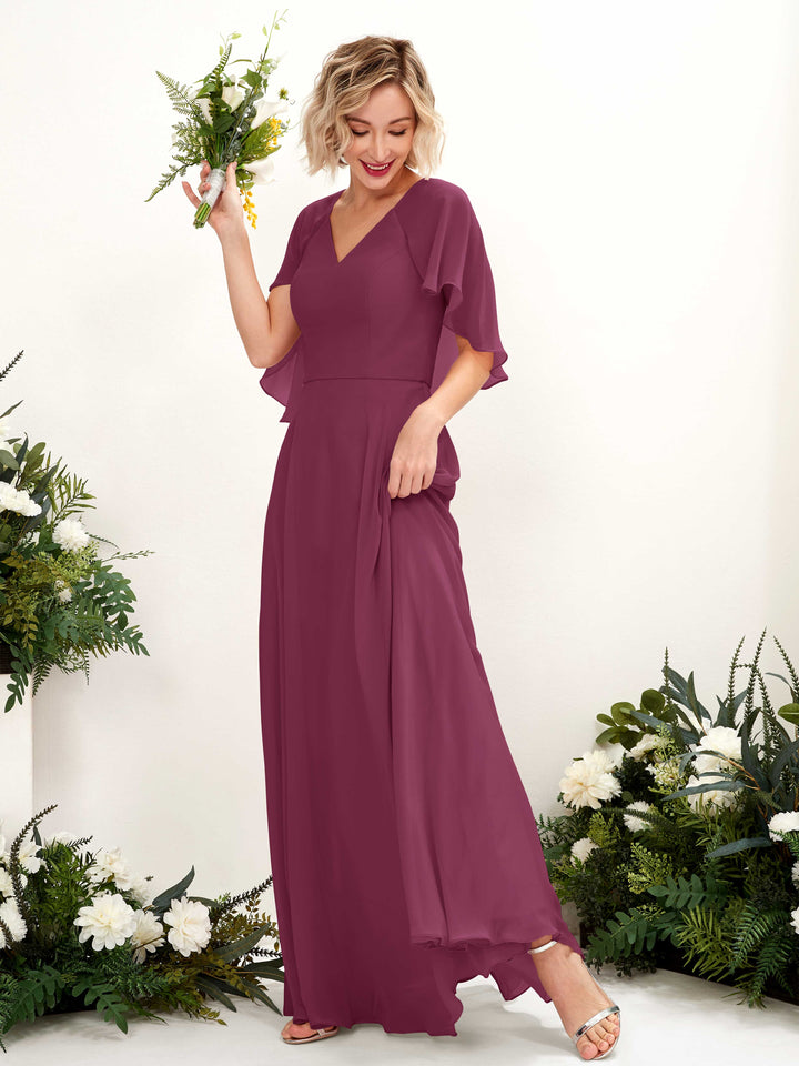 Chianti Bridesmaid Dresses Bridesmaid Dress A-line Chiffon V-neck Full Length Short Sleeves Wedding Party Dress (81224434)