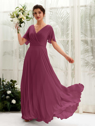 Carlyna Daphne A-Line Chianti Bridesmaid Dress Maxi Short Sleeve V-Neck Dress Front View #color_chianti