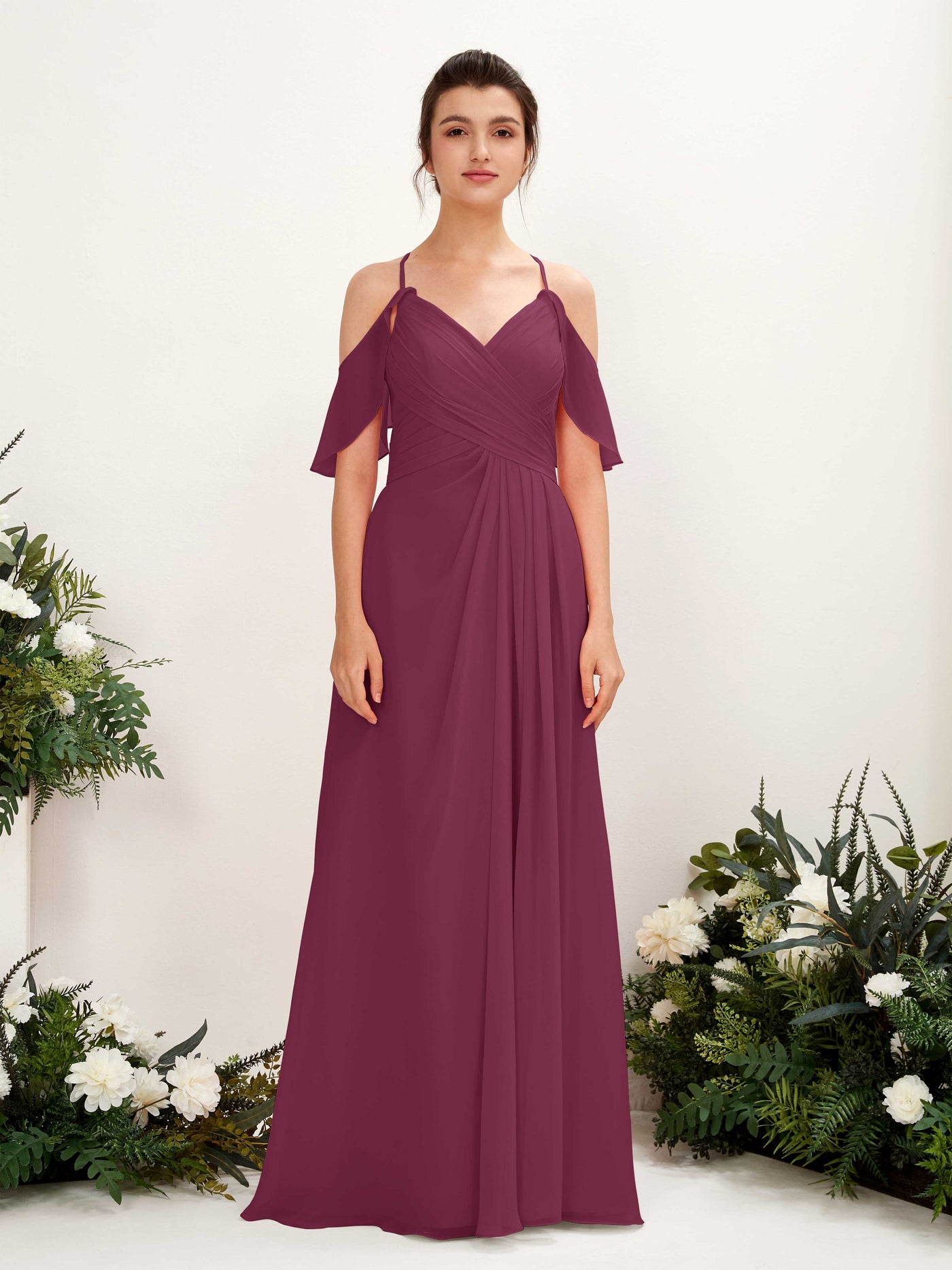 Ball Gown Off Shoulder Spaghetti-straps Chiffon Bridesmaid Dress - Chianti (81221734)#color_chianti