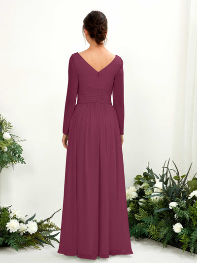 Carlyna Coline A-Line Chianti Bridesmaid Dress Maxi Long Sleeve V-Neck Back View #color_chianti