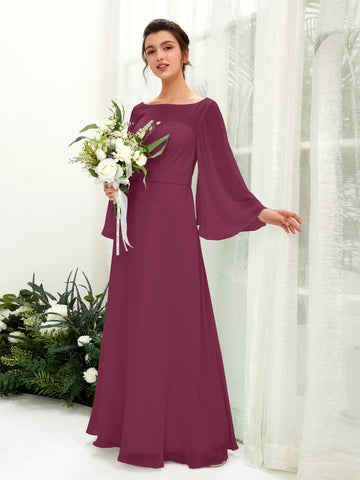 Chianti Bridesmaid Dresses Bridesmaid Dress A-line Chiffon Bateau Full Length Long Sleeves Wedding Party Dress (81220534)#color_chianti