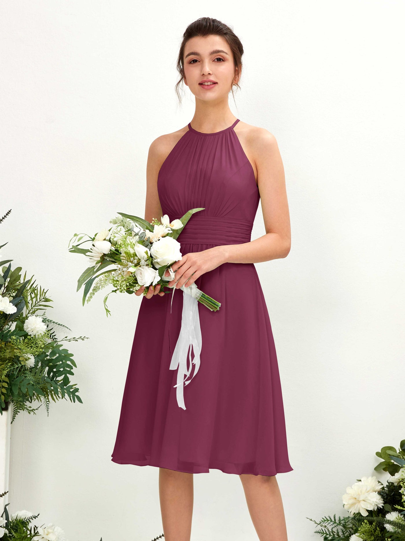 Chianti Bridesmaid Dresses Bridesmaid Dress A-line Chiffon Halter Knee Length Sleeveless Wedding Party Dress (81220134)#color_chianti
