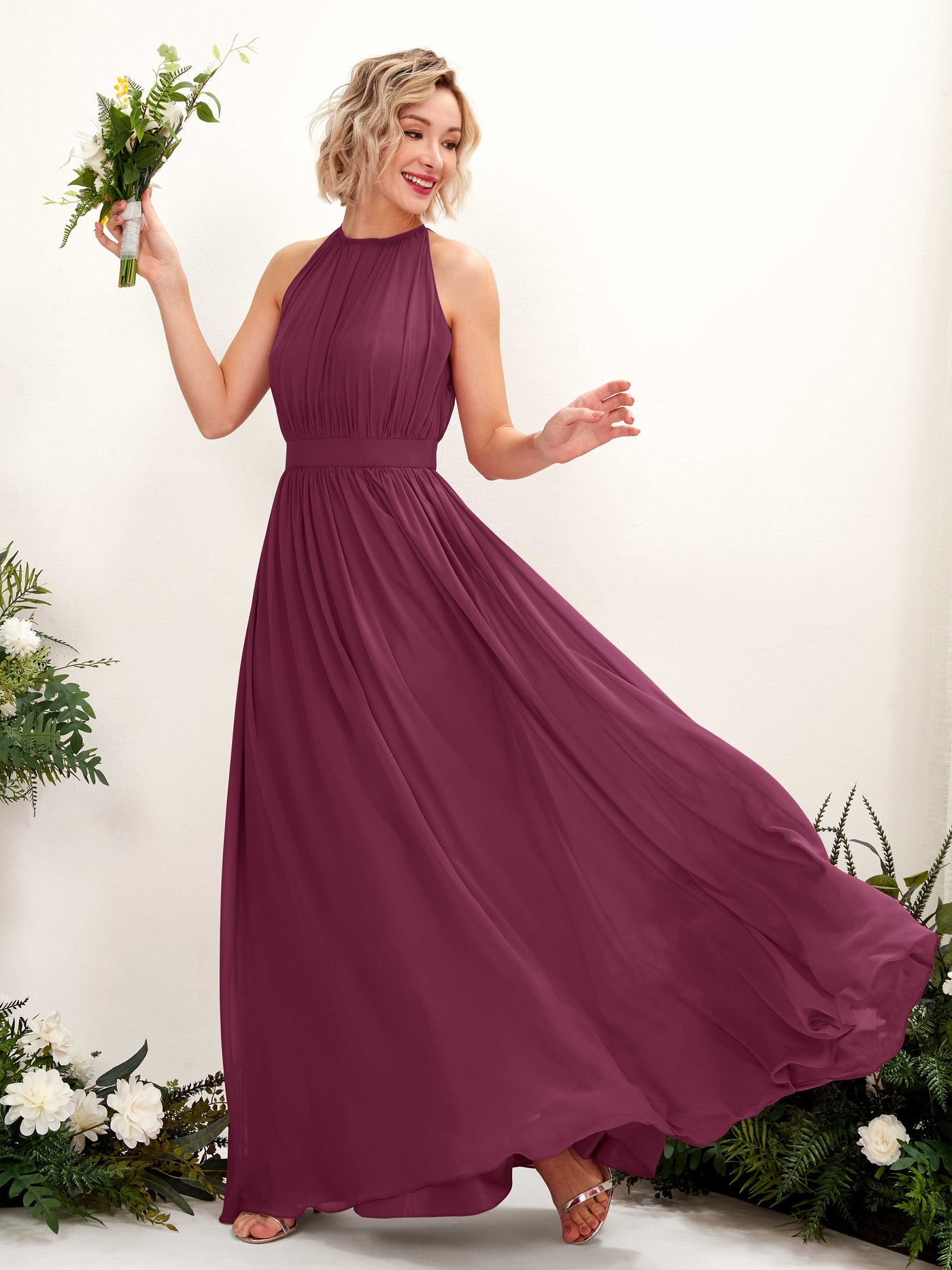 Chianti Bridesmaid Dresses Bridesmaid Dress A-line Chiffon Halter Full Length Sleeveless Wedding Party Dress (81223134)#color_chianti