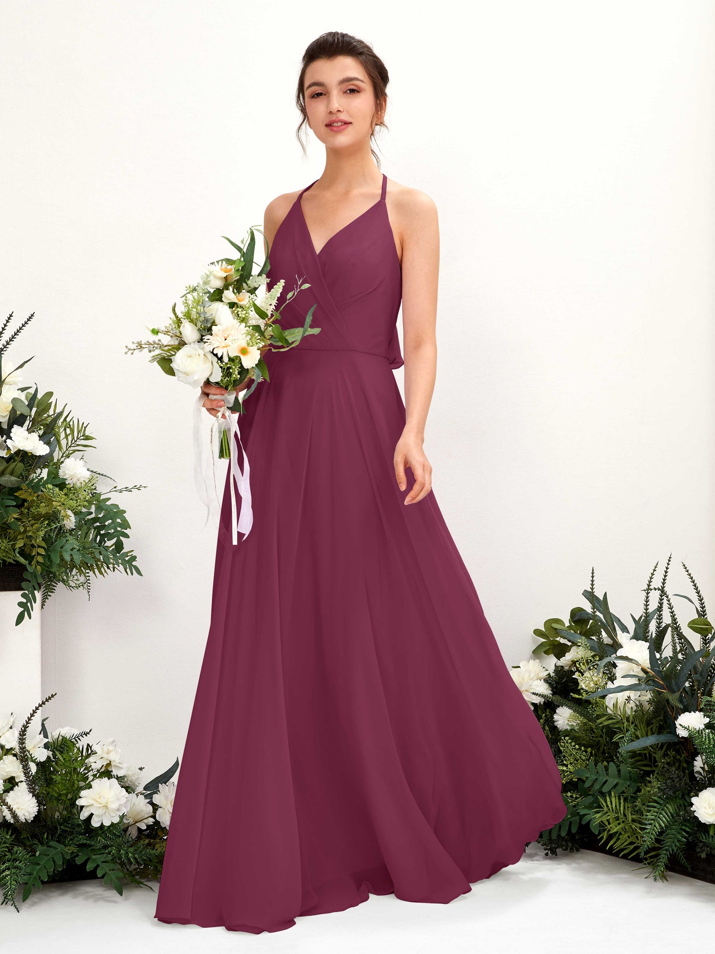 Halter V-neck Sleeveless Chiffon Bridesmaid Dress - Chianti (81221034)#color_chianti