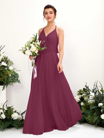 Carlyna Launo A-Line Chianti Bridesmaid Dress Maxi Sleeveless V-Neck Dress Front View #color_chianti