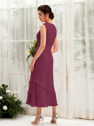 Carlyna Raina Mermaid Chianti Bridesmaid Dress Midi Sleeveless Round Neck Dress Back View #color_chianti