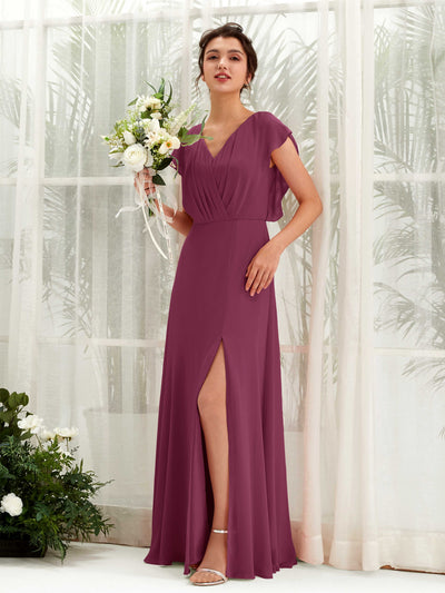 Carlyna Annie A-Line Chianti Bridesmaid Dress Maxi Cap Sleeve V-Neck Dress Front View #color_chianti