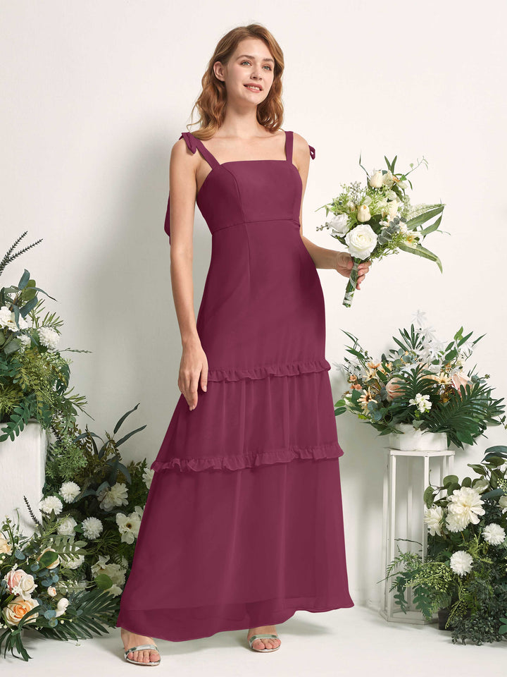 Bridesmaid Dress Chiffon Straps Full Length Sleeveless Wedding Party Dress - Chianti (81227534)