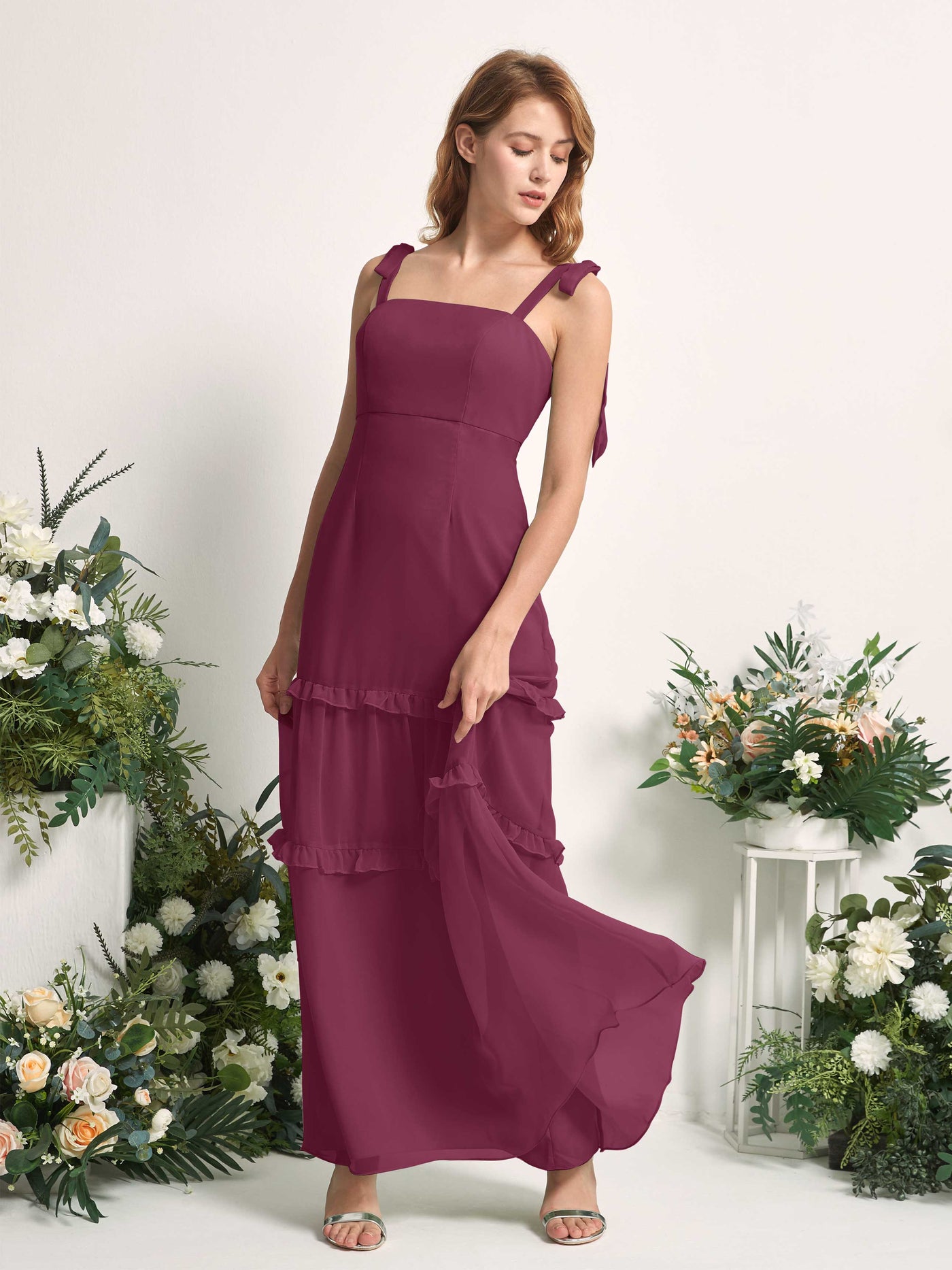 Bridesmaid Dress Chiffon Straps Full Length Sleeveless Wedding Party Dress - Chianti (81227534)#color_chianti