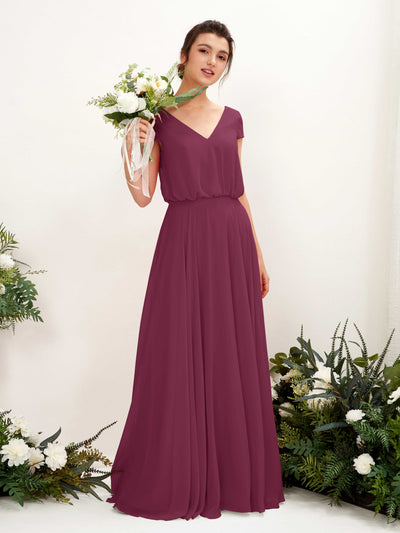 Carlyna Pauline A-Line Chianti Bridesmaid Dress Maxi Cap Sleeve V-Neck Dress Front View #color_chianti