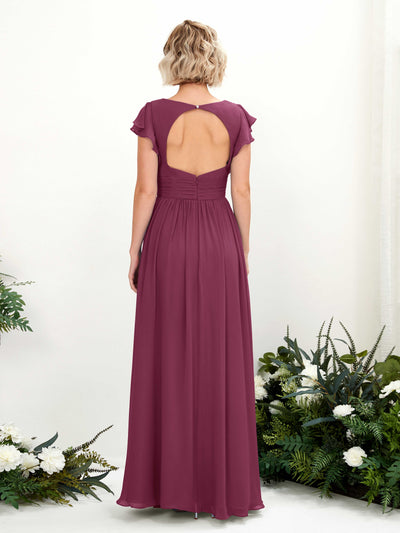 Carlyna Grino A-Line Chianti Bridesmaid Dress Maxi Cap Sleeve V-Neck Dress Back View #color_chianti