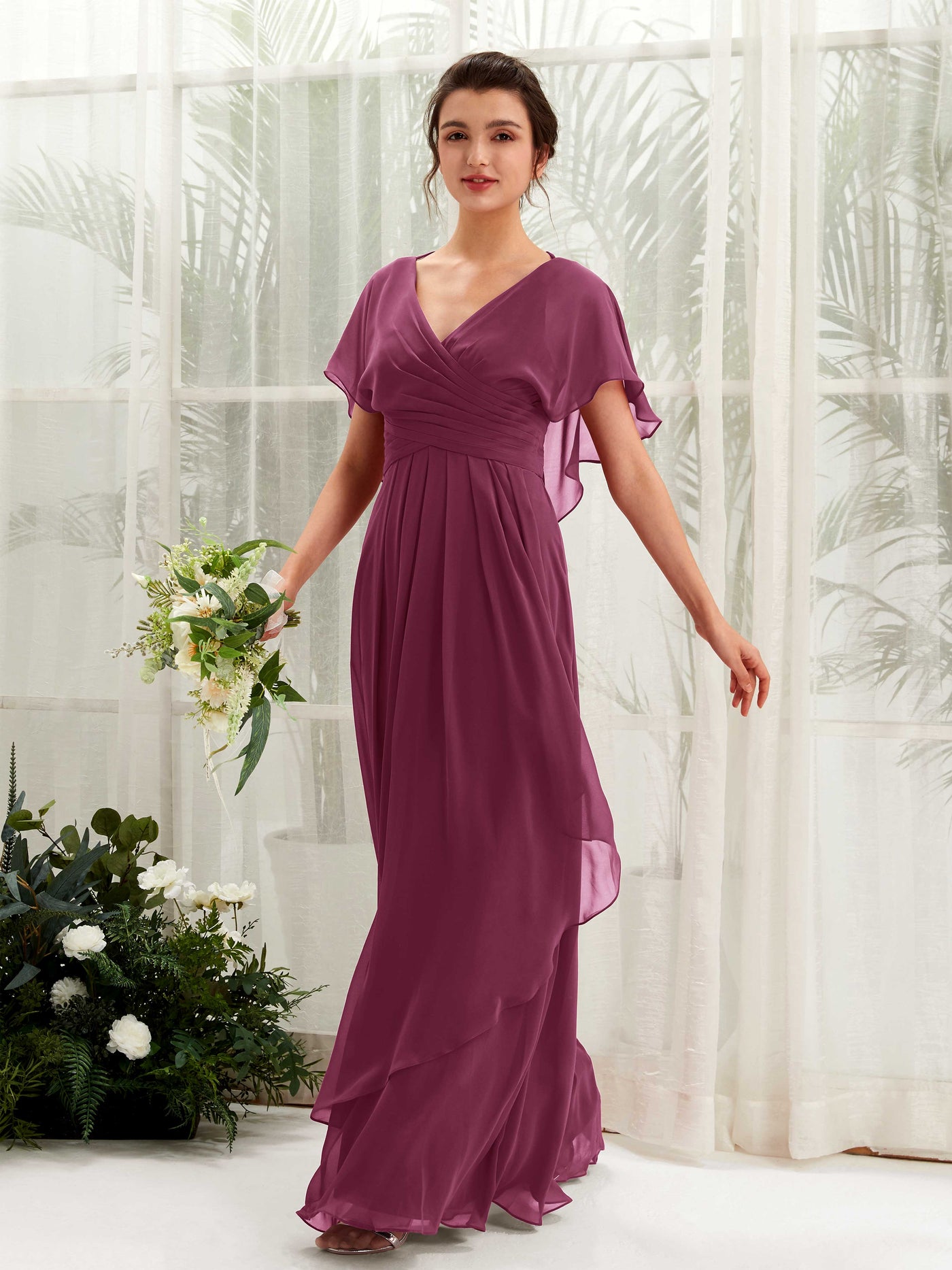 Open back V-neck Short Sleeves Chiffon Bridesmaid Dress - Chianti (81226134)#color_chianti