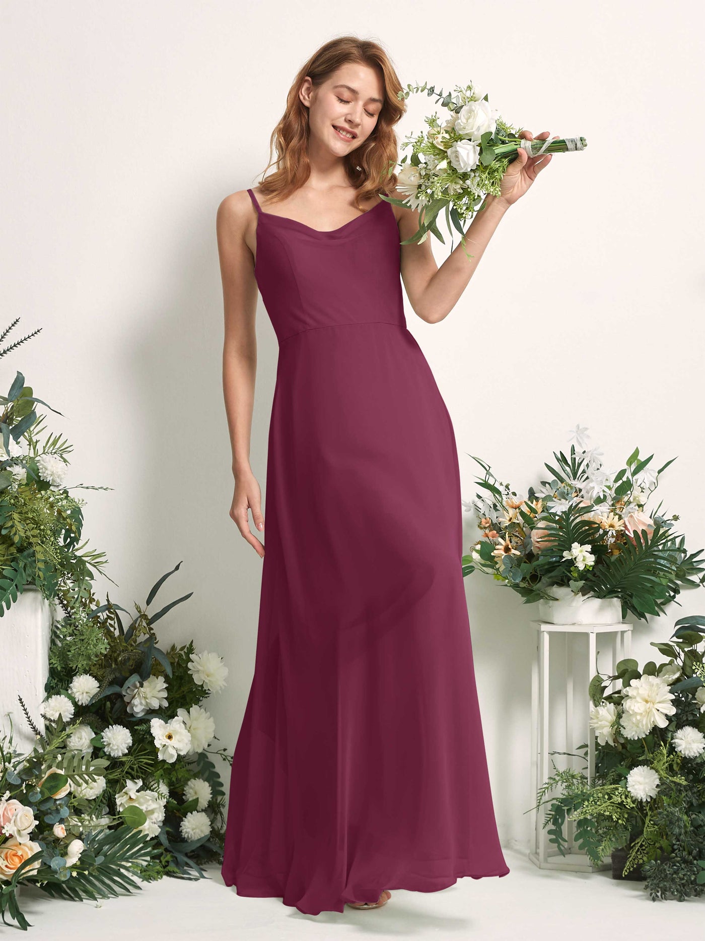 Bridesmaid Dress A-line Chiffon Spaghetti-straps Full Length Sleeveless Wedding Party Dress - Chianti (81227234)#color_chianti
