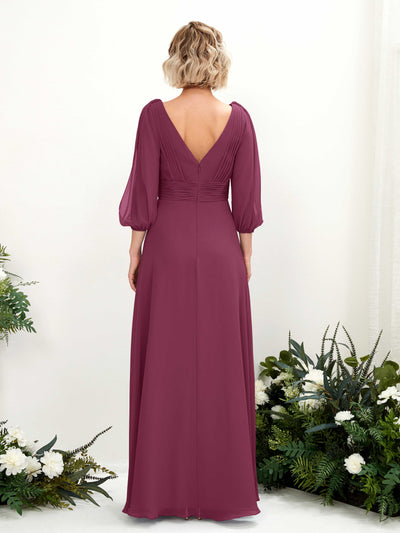 Carlyna Antonia A-Line Chianti Bridesmaid Dress Maxi Three Quarter Sleeve V-Neck Dress Back View #color_chianti