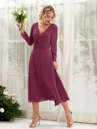 Carlyna Joanna A-Line Chianti Bridesmaid Dress Midi Long Sleeve V-Neck Front View #color_chianti
