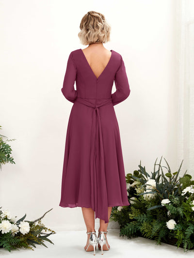 Carlyna Joanna A-Line Chianti Bridesmaid Dress Midi Long Sleeve V-Neck Back View #color_chianti