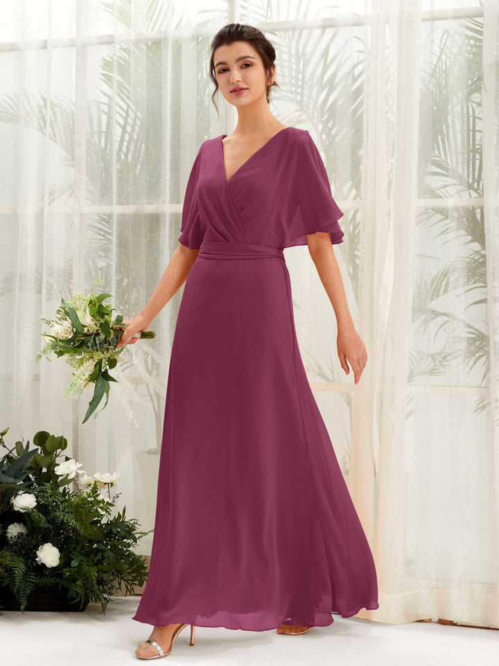 Chianti Bridesmaid Dresses Bridesmaid Dress A-line Chiffon V-neck Full Length Short Sleeves Wedding Party Dress (81222434)