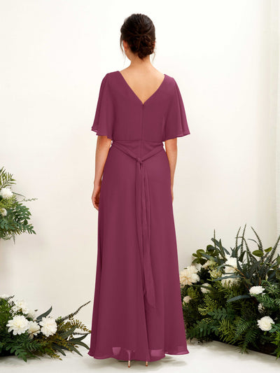 Carlyna Merta A-Line Chianti Bridesmaid Dress Maxi Short Sleeve V-Neck Dress Back View #color_chianti