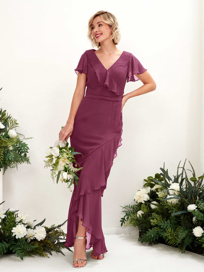 Carlyna Eartha Mermaid Chianti Bridesmaid Dress Maxi Cap Sleeve V-Neck Dress Front View #color_chianti