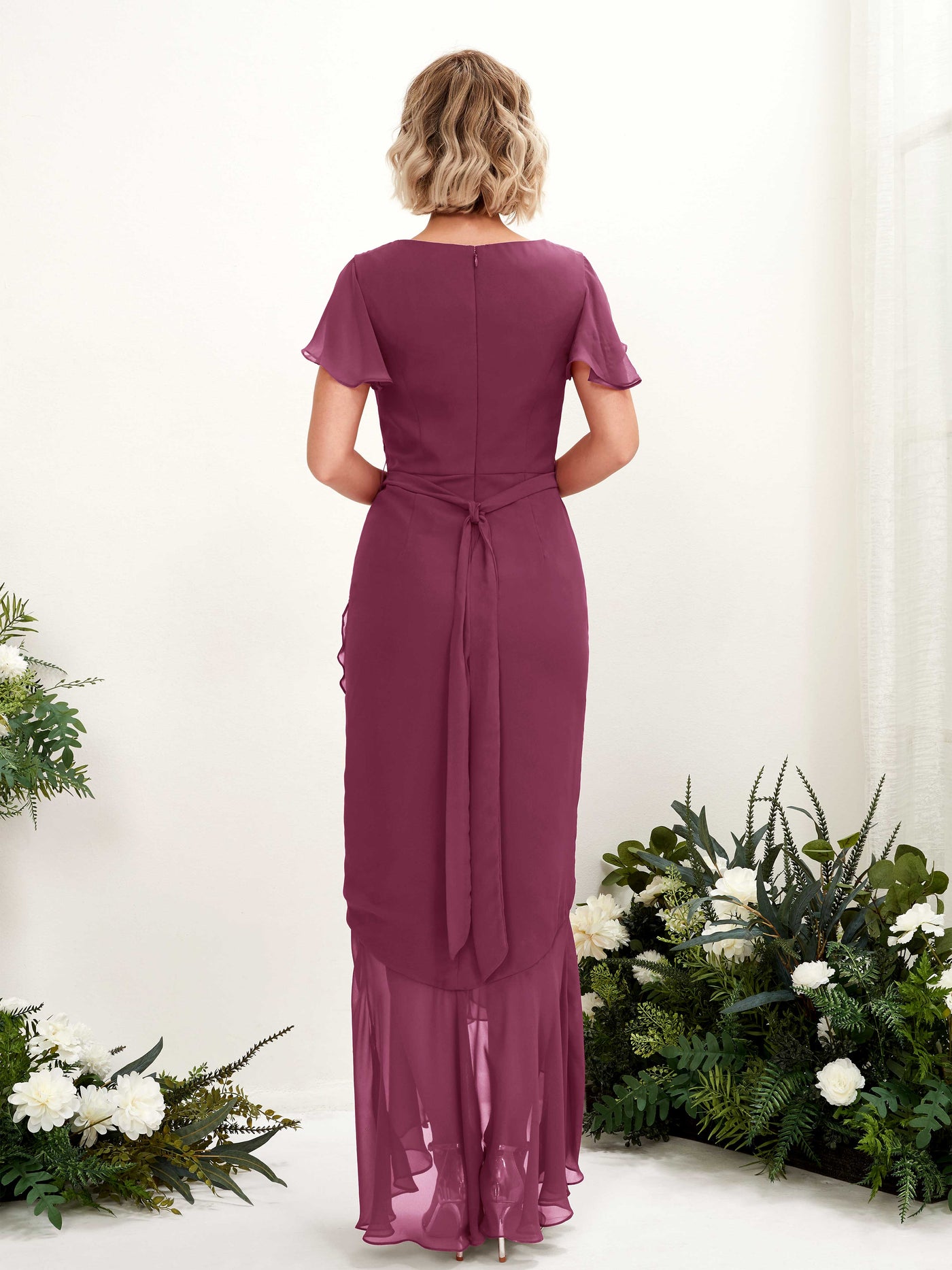 V-neck Short Sleeves Chiffon Bridesmaid Dress - Chianti (81226234)#color_chianti