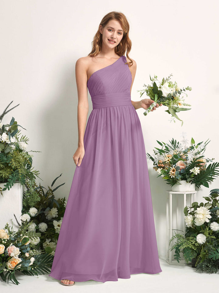 Bridesmaid Dress A-line Chiffon One Shoulder Full Length Sleeveless Wedding Party Dress - Orchid Mist (81226721)