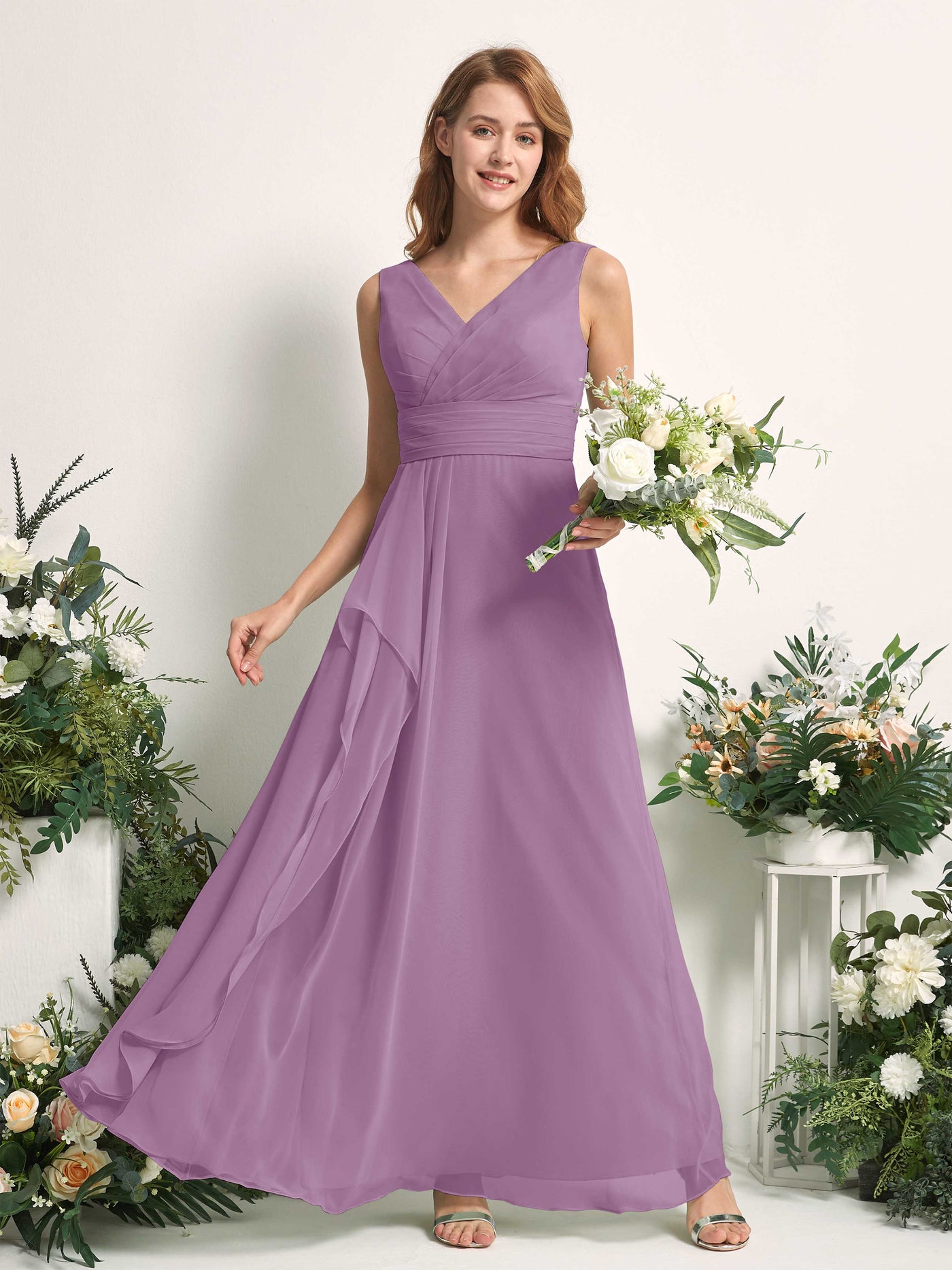 Bridesmaid Dress A-line Chiffon V-neck Full Length Sleeveless Wedding Party Dress - Orchid Mist (81227121)#color_orchid-mist