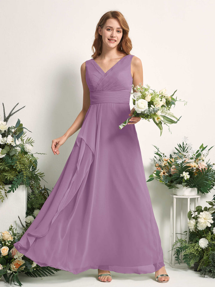 Bridesmaid Dress A-line Chiffon V-neck Full Length Sleeveless Wedding Party Dress - Orchid Mist (81227121)