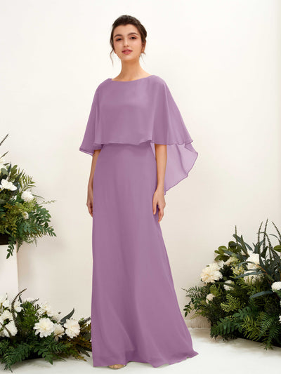 Carlyna Savin Sheath Orchid Mist Bridesmaid Dress Maxi Cap Sleeve Boat Neck Dress Front View #color_orchid-mist