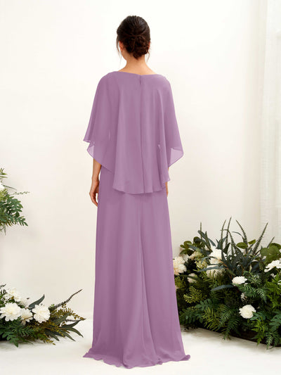 Carlyna Savin Sheath Orchid Mist Bridesmaid Dress Maxi Cap Sleeve Boat Neck Dress Back View #color_orchid-mist