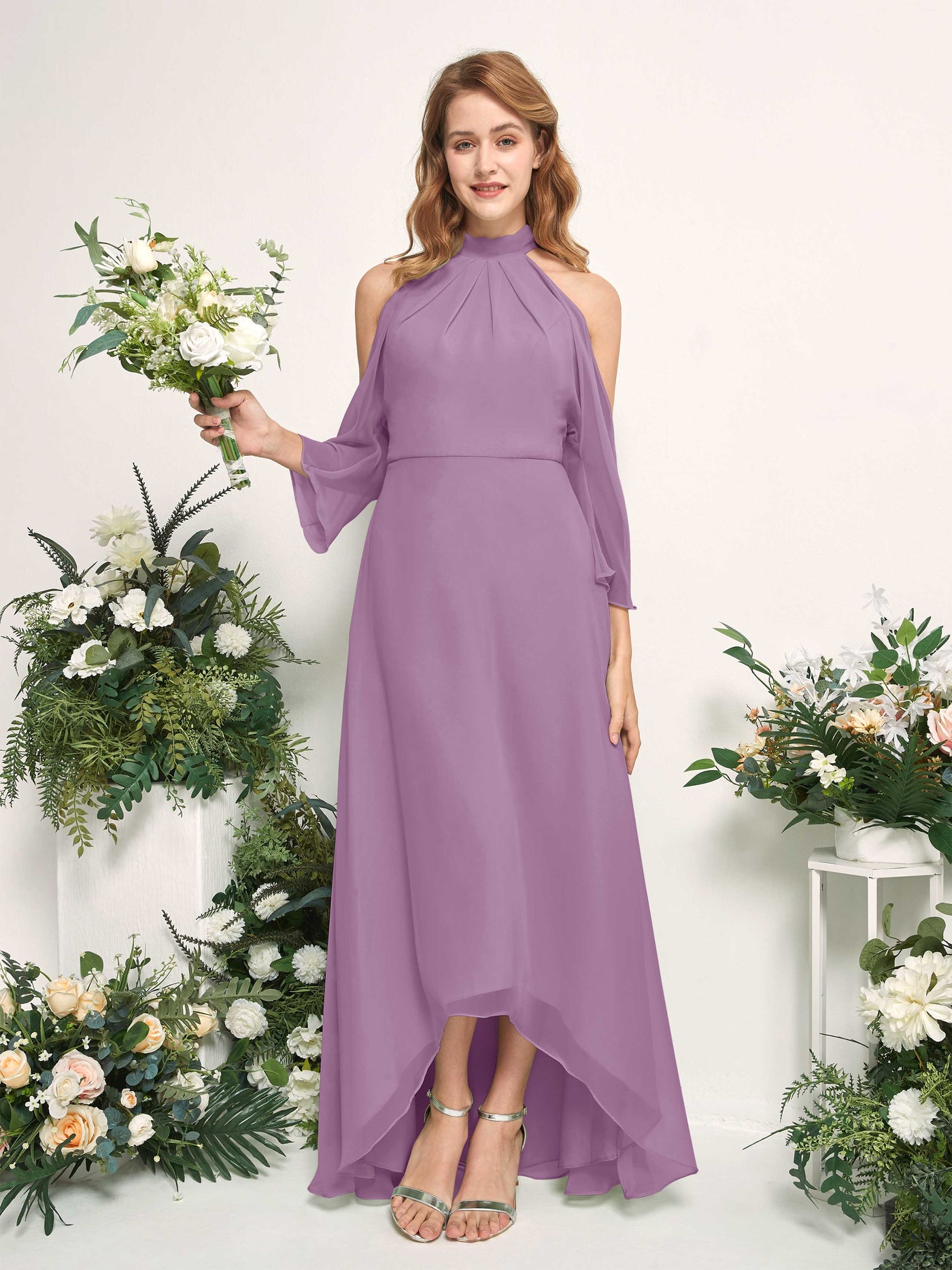 Bridesmaid Dress A-line Chiffon Halter High Low 3/4 Sleeves Wedding Party Dress - Orchid Mist (81227621)#color_orchid-mist
