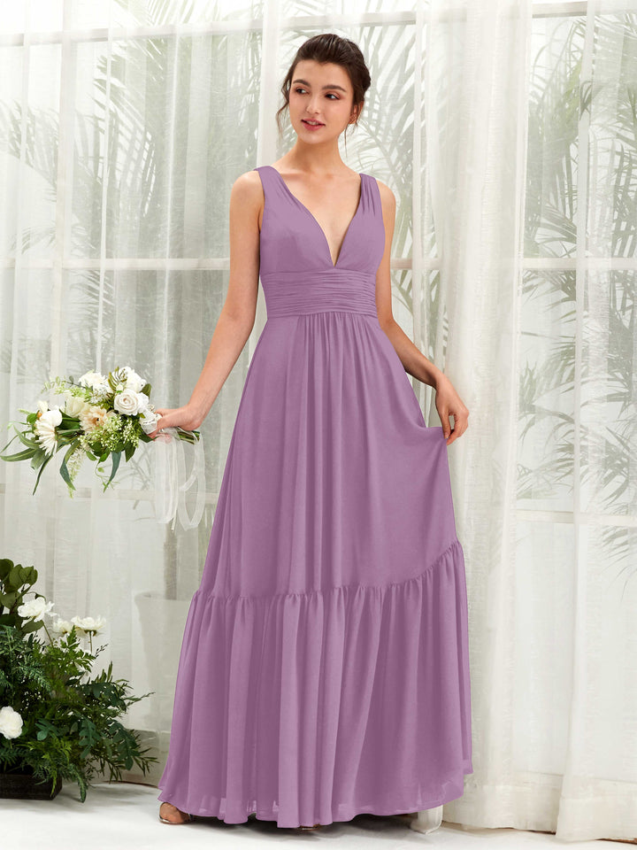 Orchid Mist Bridesmaid Dresses Bridesmaid Dress A-line Chiffon Straps Full Length Sleeveless Wedding Party Dress (80223721)