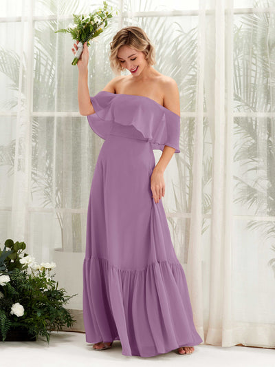 Carlyna Joie A-Line Orchid Mist Bridesmaid Dress Maxi Sleeveless Off the Shoulder Dress Front View #color_orchid-mist