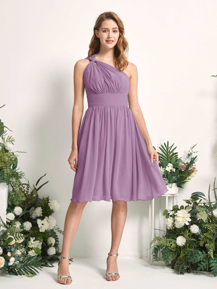 Bridesmaid Dress A-line Chiffon One Shoulder Knee Length Sleeveless Wedding Party Dress - Orchid Mist (81221221)