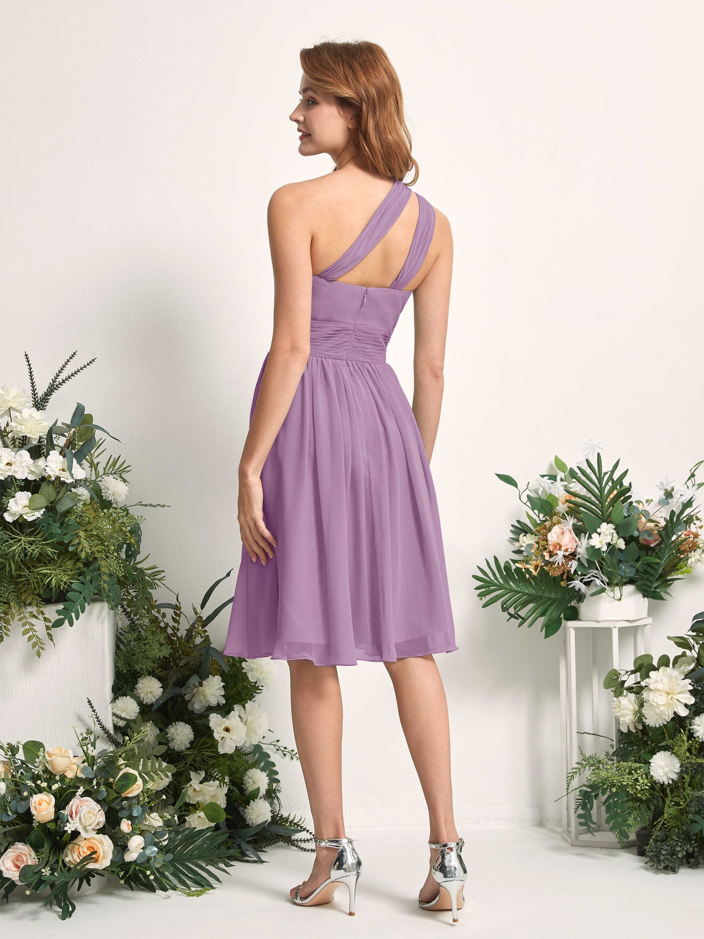 Bridesmaid Dress A-line Chiffon One Shoulder Knee Length Sleeveless Wedding Party Dress - Orchid Mist (81221221)#color_orchid-mist