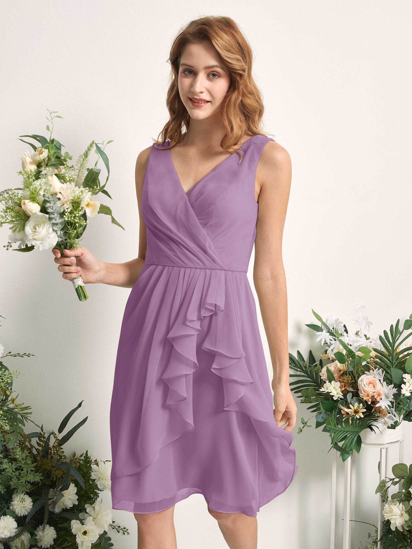 Bridesmaid Dress A-line Chiffon Straps Knee Length Sleeveless Wedding Party Dress - Orchid Mist (81226621)#color_orchid-mist