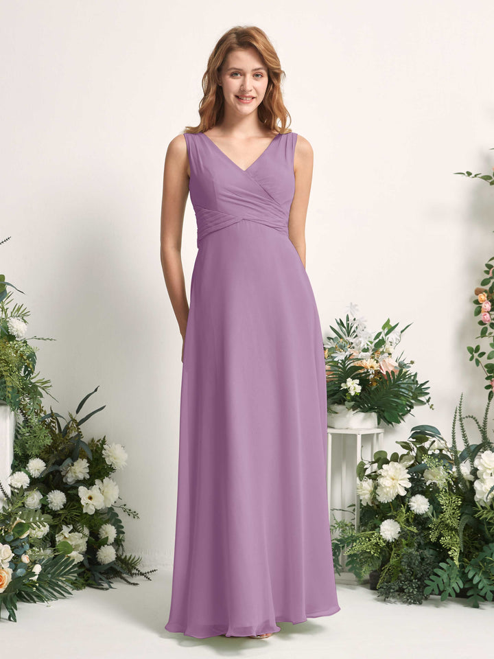 Bridesmaid Dress A-line Chiffon Straps Full Length Sleeveless Wedding Party Dress - Orchid Mist (81227321)