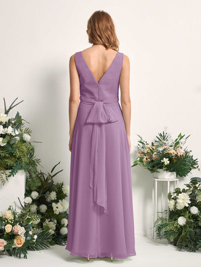 Carlyna June A-Line Orchid Mist Bridesmaid Dress Maxi Sleeveless V-Neck Dress Back View #color_orchid-mist