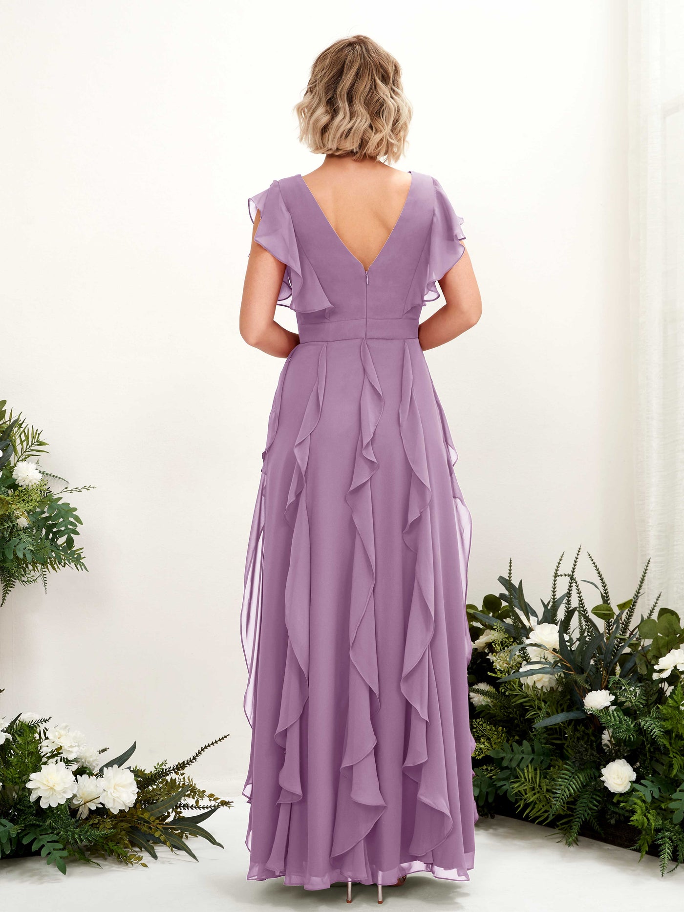 A-line Open back V-neck Short Sleeves Chiffon Bridesmaid Dress - Orchid Mist (81226021)#color_orchid-mist