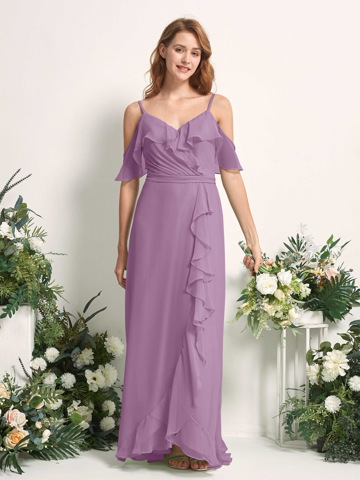 Bridesmaid Dress A-line Chiffon Spaghetti-straps Full Length Sleeveless Wedding Party Dress - Orchid Mist (81227421)#color_orchid-mist