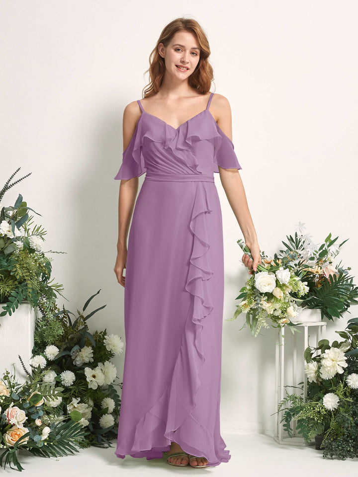 Bridesmaid Dress A-line Chiffon Spaghetti-straps Full Length Sleeveless Wedding Party Dress - Orchid Mist (81227421)