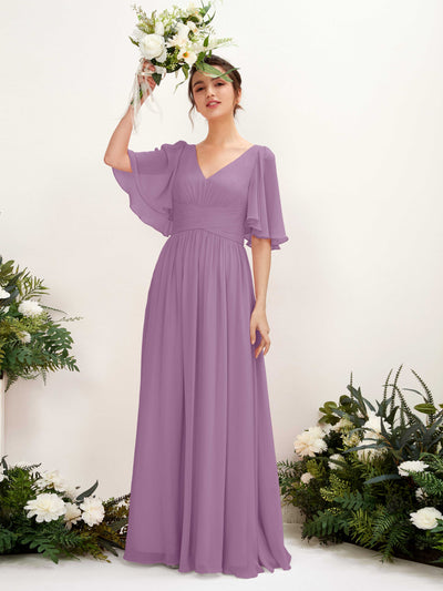 Carlyna Odette A-Line Orchid Mist Bridesmaid Dress Maxi Short Sleeve V-Neck Dress Front View #color_orchid-mist
