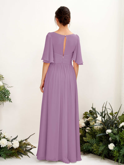 Carlyna Odette A-Line Orchid Mist Bridesmaid Dress Maxi Short Sleeve V-Neck Dress Back View #color_orchid-mist