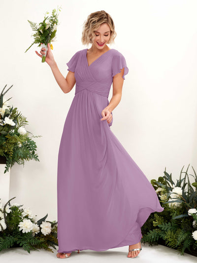 Carlyna Tolly A-Line Orchid Mist Bridesmaid Dress Maxi Cap Sleeve V-Neck Dress Front View #color_orchid-mist