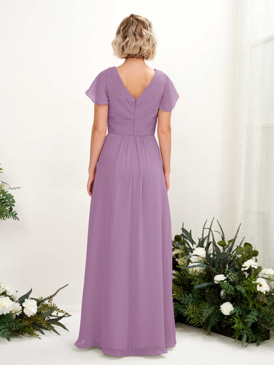 Carlyna Tolly A-Line Orchid Mist Bridesmaid Dress Maxi Cap Sleeve V-Neck Dress Back View #color_orchid-mist