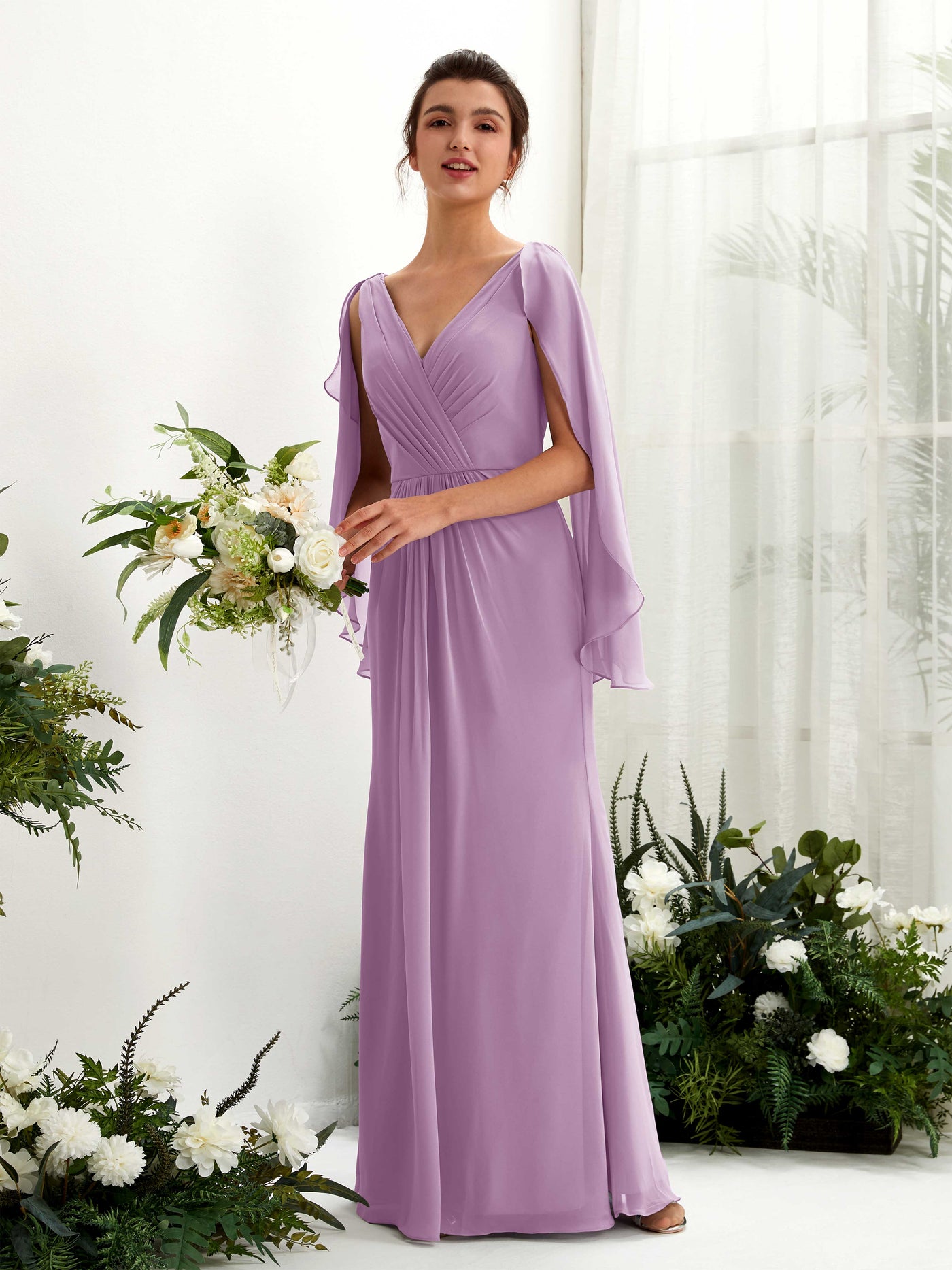 Orchid Mist Bridesmaid Dresses Bridesmaid Dress A-line Chiffon Straps Full Length Long Sleeves Wedding Party Dress (80220121)#color_orchid-mist