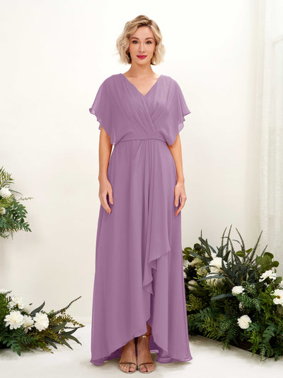 Carlyna Soleil A-Line Orchid Mist Bridesmaid Dress Maxi Short Sleeve V-Neck Dress Front View #color_orchid-mist