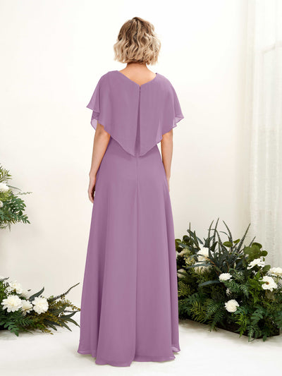 Carlyna Soleil A-Line Orchid Mist Bridesmaid Dress Maxi Short Sleeve V-Neck Dress Back View #color_orchid-mist