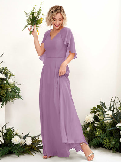 Carlyna Winnie A-Line Orchid Mist Bridesmaid Dress Maxi Short Sleeve V-Neck Dress Front View #color_orchid-mist