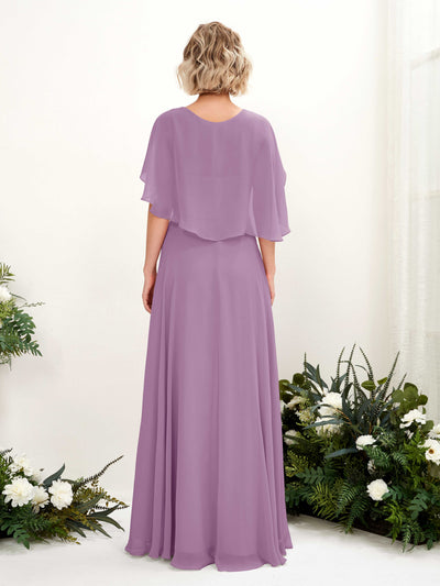 Carlyna Winnie A-Line Orchid Mist Bridesmaid Dress Maxi Short Sleeve V-Neck Dress Back View #color_orchid-mist